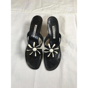 Manolo Blahnik Black Leather Floral Detail Women's Sandals